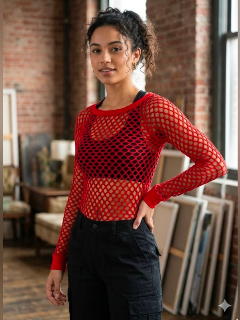 NWT! Soho Girls Red Lace Fishnet Long Sleeve Top Red 🍒 OSFM